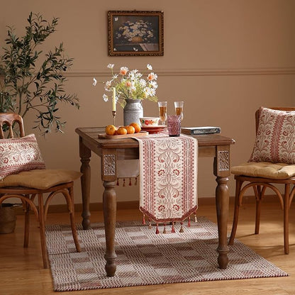 ISAENNE Designer Vintage Linen Extra Long Table Runner 118 Inches,Red Floral Pattern Modern Decor Table Runners for Dining Tables,Thanksgiving,Kitchen Tables,Christmas,Banquet,12"*118"-Chamonix A