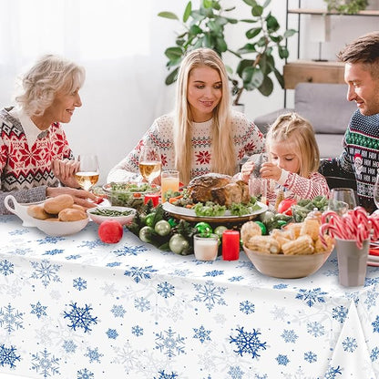 1 Pieces Snowflake Christmas Party Tablecloth Decorations,Plastic White Snowflake White Blue Xmas Backdrop Sign Table Cover Banner for Winter Christmas Holiday Party Supplies,54x108 inch（White/Blue）