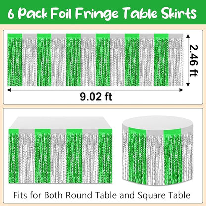 6 Pack 29 x108 Inch Silver Greenange Wave Foil Fringe Table Skirts Metallic Banner for Tinsel Streamer Garland Backdrop for Parade Floats, Mother's Day, Easter, Wedding, Birthday Party Decoration