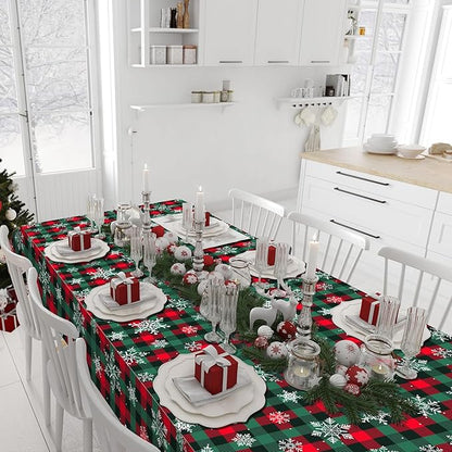 4.5x 100 Ft Roll of Christmas Buffalo Plaid Plastic Tablecloth Decorations,Disposable Red Green Snowflake Table Cover Photography Backdrop with Cutter Box for Christmas Holiday New Year Party Supplies