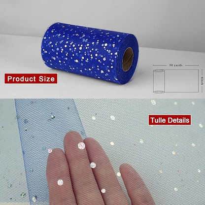 Glitter Tulle Rolls, 6” by 50 Yards (150FT) Sequin Tule Netting Fabric Tulle for Tutu Skirts Sewing Birthday Wedding Party Decoration (Royal Blue)