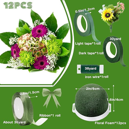 12PCS Foam for Flower Arrangements Styrofoam for Artificial Flowers Dry Blocks Foam Circles with Green Floral Tape for Fresh Flowers Wire