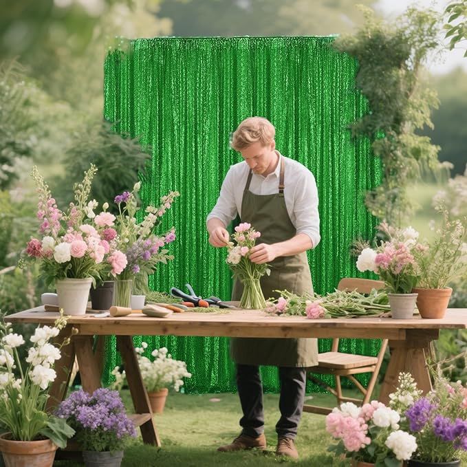 Green Sequin Backdrop Curtain 2 Pieces 2FTx8FT Glitter Photography Backdrop for Party Wedding Birthday Christmas Decorations