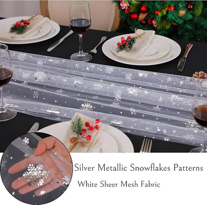Snowkingdom 6 Pcs Christmas Snowflake Table Runners, 120 Inch Sheer Chiffon Gauze Cheesecloth, Silver Glitter Sequin Metallic Party Dining Table Decorations for Christmas Winter Holiday New Year