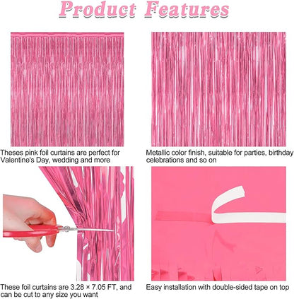 8 Pack Pink Backdrop, 3.28 FT x 7.05 FT Pink Birthday Decorations, Metallic Pink Backdrop for Photoshoot Foil Curtains Party Streamer, Bachelorette Decorations Birthday Photo Booth Props