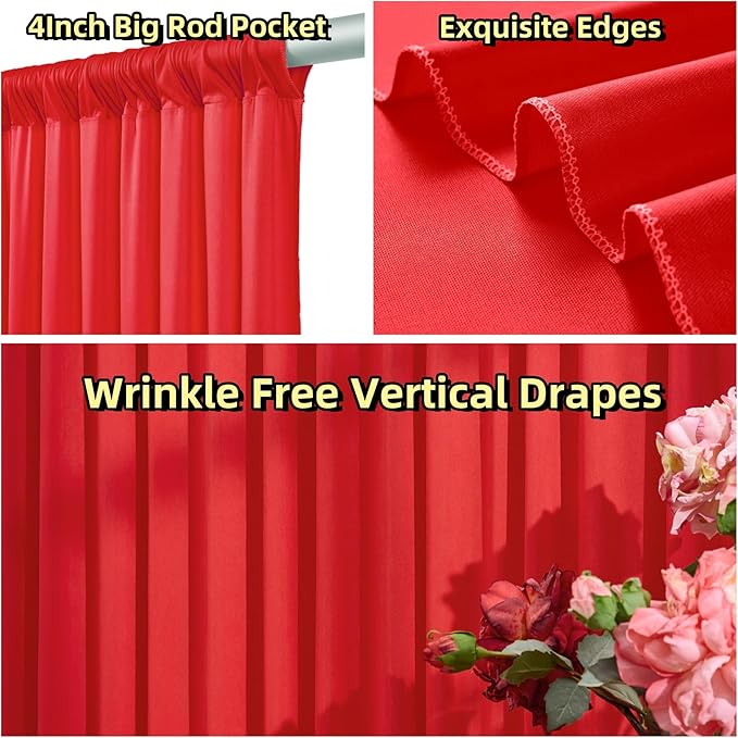 10ft x 8ft Wrinkle Free Red Backdrop Curtains for Parties, Polyester Photo Backdrop Drapes 2 Panels 5x8ft for Wedding Birthday Party Christmas Photography Background for Backdrop Stand