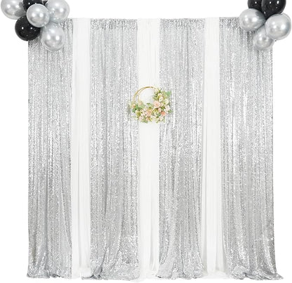 Poise3EHome Silver Sequin Backdrop Curtains,2ft x 8ft Sequin Photography Backdrop Curtain 2 Panels for Party Decoration