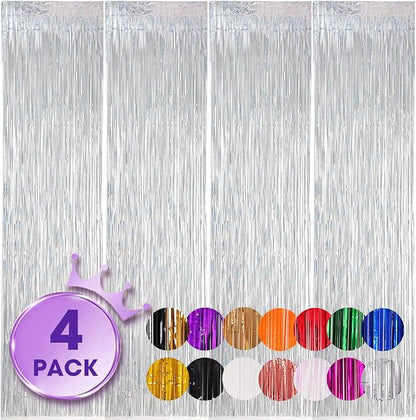 4 Pack Laser Silver Foil Fringe Backdrop Curtains, Tinsel Streamers Birthday Party Decorations, Fringe Backdrop for Graduation, Baby Shower, Gender Reveal, Disco Party
