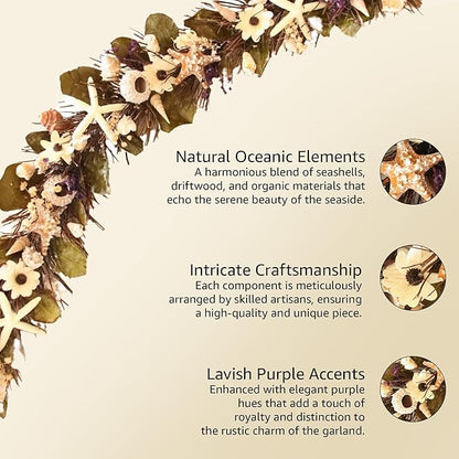 HOLIDAY TREE 5' Coastal Handcrafted Garland - Purple Accents, Natural Shells, Wood Twigs, Resin Starfish - Perfect Summer Garlands for Decoration.