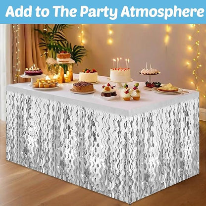 6 Pack 29x108 Inch Silver Wave Foil Fringe Table Skirts Metallic Banner for Tinsel Streamer Garland Backdrop for Parade Floats Wedding, Mother's Day, Birthday Mardi Gras Party Decorations