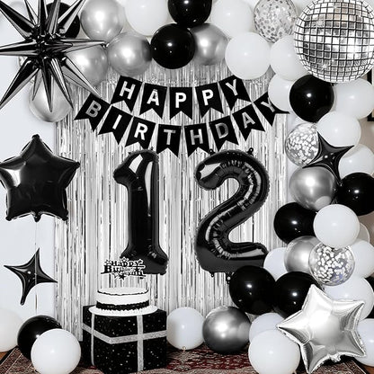 12th Birthday Decorations for Boys Girls, Black Silver Happy Birthday Party Decorations， 12 Year Old Party Supplies with Number 12 Balloons, Banner, Fringe Curtains Kit