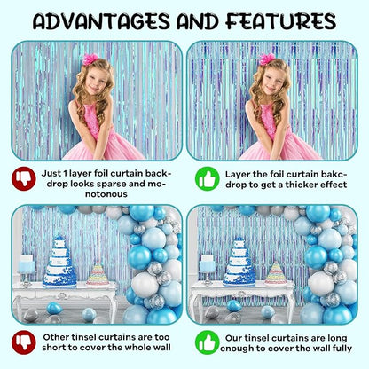 4 Pack 3.3x8.2 Feet Neon Iridescent Foil Fringe Backdrop Curtains, Tinsel Streamers Birthday Party Decorations, Fringe Backdrop for Graduation, Baby Shower, Gender Reveal, Disco Party