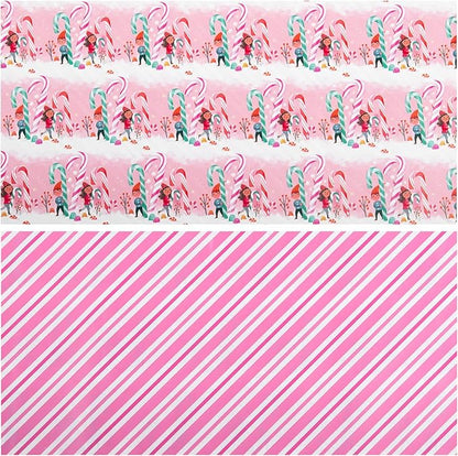 LeZakaa Christmas Pink Wrapping Paper Mini Roll for Kids, Playful Elf Cane Candy, Pink White Candy Stripes Sweet Snowy Reversible Design, 17 inches x 32.8 Feet