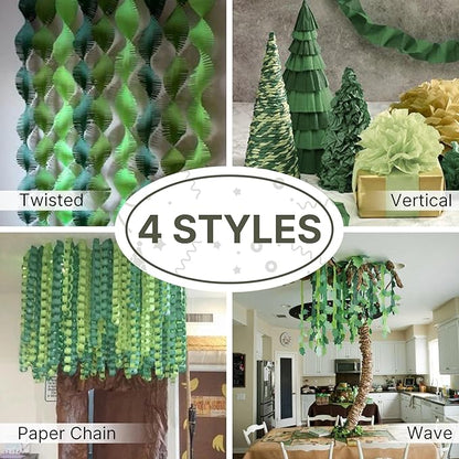 PartyWoo Sage Green Crepe Paper Streamers 4 Rolls 328 ft Pack of Hunter Sage Green Gold Sand White Crepe Paper for Jungle Safari Graduation Birthday Party Decorations (1.8 Inch x 82 Ft/Roll)