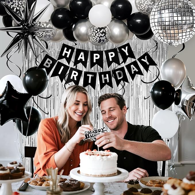 22nd Birthday Decorations for Men Women, Black Silver Happy Birthday Party Decorations， 22 Year Old Party Supplies with Number 22 Balloons, Banner, Fringe Curtains Kit