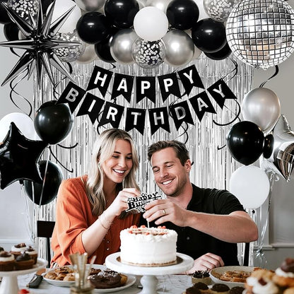 15th Birthday Decorations for Boys Girls, Black Silver Happy Birthday Party Decorations， 15 Year Old Party Supplies with Number 15 Balloons, Banner, Fringe Curtains Kit