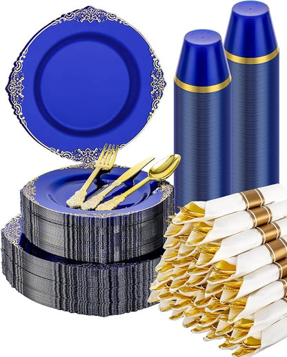 Goodluck 350 Piece Clear Blue Plastic Dinnerware Set for 50 Guests, Fancy Disposable Plates, Include: 100 Blue Rim Plastic Plates, 150 Silverwares, 50 Pre Rolled Napkins, 50 Cups for Party, Wedding