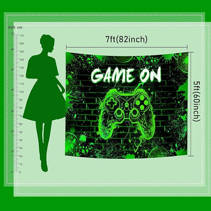 Mocsicka Game On Backdrop Video Game for Boys Level Up Birthday Party Decoration Game Night Arcade Neon Glow Gamer Banner Photography Background (Green, 8x6ft(96"x72"))