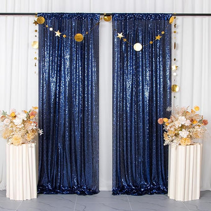 ShinyBeauty Navy Blue Backdrops 2 Pieces Sequin Curtains 4FTx7FT Photograph Background Shimmer Curtain Panels Sequins Fabric Glitter Backgrounds for Wedding, Party, Photobooth Decor