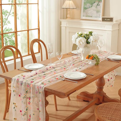 White Embroidery Daisy Fall Table Runner 120Inch 10FT Florals Soft Sheer Tulle Fabric Table Runner for Home Decor, Brithday, Wedding, Baby Shower ,Holiday ,Parties, DIY Craft,1PC