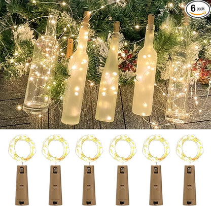 6-Pack LED Bottle Lights with Dual Battery Pack, 6.6ft 20 LEDs, Twice The Runtime, Warm White for Indoor & Outdoor Christmas Décor.(6 Pack, Warm White（Dual Battery Pack）)