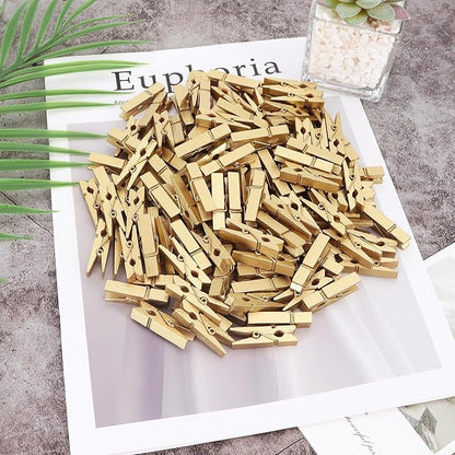 100 Pcs Gold Wooden Pins, 1.38 Inch Tapestry Clothes Pins Wall Clips Photo Picture Clips Poster Clips Strong Spring Clips for Home and Office Poster Photo Decor (Gold 100 Pack 1.38 Inch)