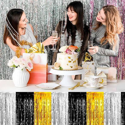 3 Pack 29 x108 Inch Black and Gold Foil Fringe Table Skirts Metallic Banner for Tinsel Streamer Garland Backdrop for Parade Floats Mother's Day, Graduate, Birthday, Wedding Party Decoration