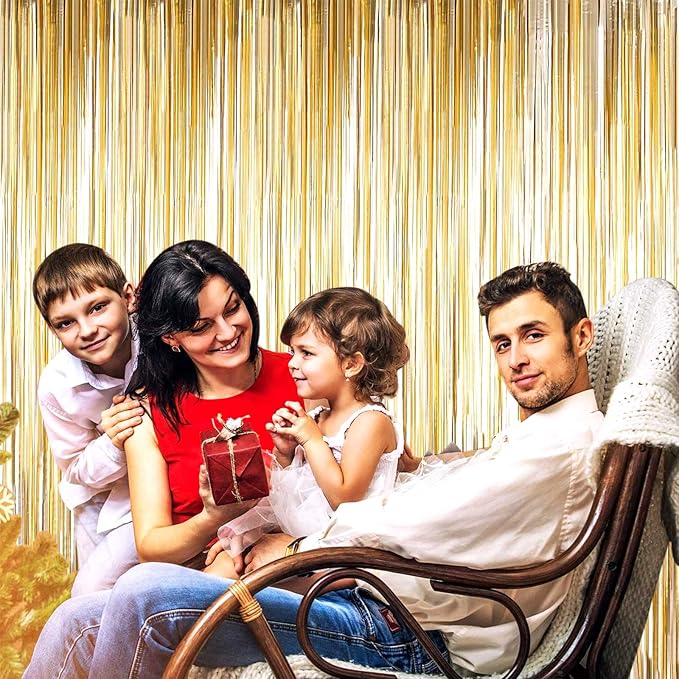 4 Pack Champagne Gold Foil Fringe Curtain Backdrop, 3.28Ft x 8.2Ft Metallic Tinsel Streamer Curtains for Party, Photo Booth Props, Birthday, Graduation Decoration Party Supplies