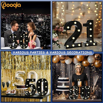 Pooqla Decorative Led Light Up Number Letters, Black Plastic Marquee Number Lights Sign for 8th 18th 80th Birthday Party Wedding Decor Battery Operated Black Decoration 8