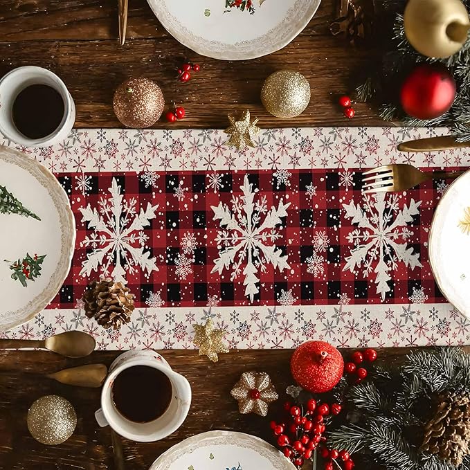 Buffalo Plaid Christmas Cotton Linen Table Runner for Dining Kitchen, Snowflake Red Black Check Wedding Outdoor Party Tablerunner Decoration, Retro Dresser Scarf Coffee Tablecloth Runners 13x70 Inches