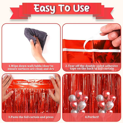2 Pack Red Tinsel Foil Fringe Curtains, Red Party Decorations, Metallic Tinsel Party Streamers Backdrop for Birthday Red Carpet Christmas Graduation Carnival Valentine's Party Decorations