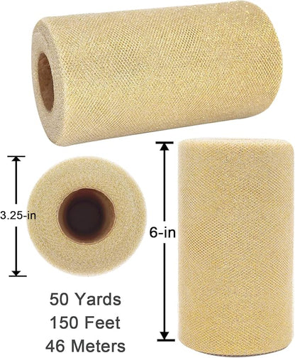 Glitter Gold Tulle Fabric Rolls, 6 Inch 50 Yards (150ft) Sparkling Spool Ribbon Sequin Netting for Tutu Skirt Gift Wrapping Wedding Party Decoration (White/Gold)