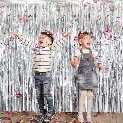 GOER 3.2 ft x 9.8 ft Metallic Tinsel Foil Fringe Curtains Party Photo Backdrop Party Streamers for Birthday,Graduation,New Year Eve Decorations Wedding Decor (Silver,1 Pack)