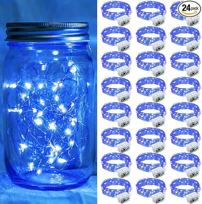 24 Pack Blue Fairy Lights 7Ft 20 LED Twinkle String Lights 3 Modes Battery Operated Waterproof Firefly Starry for Mason Jar Party Wedding Christmas Valentines Day Table Centerpieces