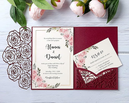 20 Pcs Laser Cut Wedding Invitations Card Pocket with Envelope for Birthday Party Baby or Bride Shower Invite suitable for 5 * 7 Inches Insert Paper (Burgundy)