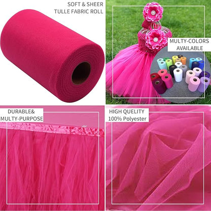 Fuchsia Tulle Fabric Rolls 6 Inch by 100 Yards (300 feet) Fabric Spool Tulle Ribbon for DIY Tutu Baby Shower Birthday Party Wedding Halloween Decorations Christmas Craft Supplies
