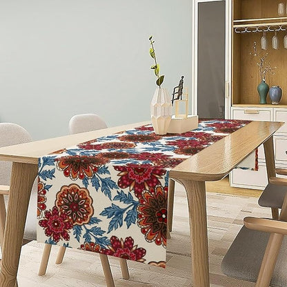 Mandala Flower Table Runner, Vintage Oriental Exotic Native Red Floral Blue Branch Leaves Botanical Print Table Runner for Farmhouse Kitchen Dining Table Decor, 13x36inch