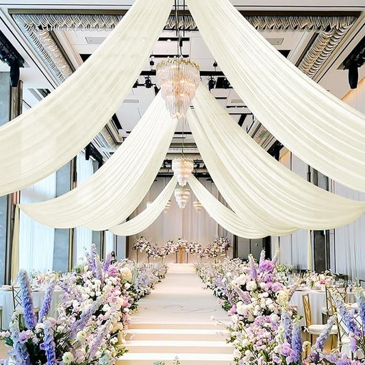 4 Panels Ivory Ceiling Drapes for Wedding 5ftx20ft Sheer Drapery Chiffon Fabric Arch Draping Curtains for Party Ceremony Birthday Baby Shower Reception Stage Ceiling Decorations