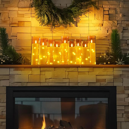 Homemory Flameless Candles with Embedded Star String Fairy Lights, Battery Operated Candles with Remote Control and Timer, Flickering LED Candle for Fall Pumpkin Decorations, Amber Gold, Set of 9