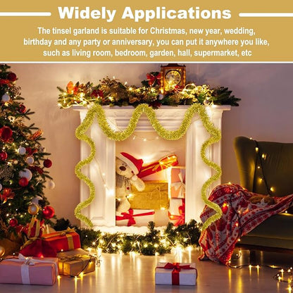25 Feet Christmas Tinsel Garland, Metallic Twist Wall Hanging Tinsel Backdrop for Parade Floats, Carnival, Birthday, Wedding, New Year Party Decorations (Gold, 4in x 25ft)