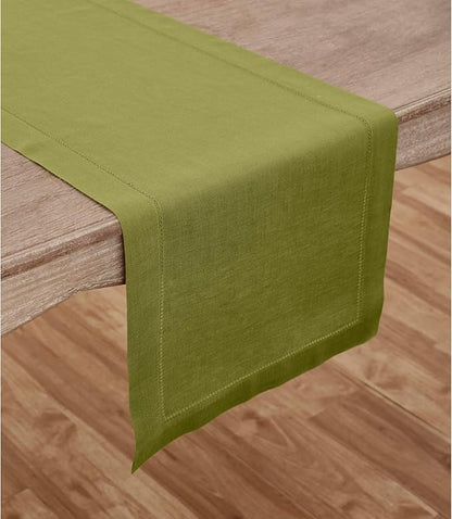 Solino Home Linen Avocado Green Hemstitch Table Runner 48 Inches - 100% Pure Linen Small Table Runner 14 x 48 Inch Ideal for Dresser and Coffee Tables - Classic Hemstitch - Fall, Autumn, Thanksgiving