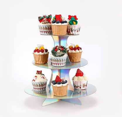 3-Tier Cupcake Stand, Round Rainbow Cake Stand Holder, Tiered DIY Cupcake Stand Tower for Dessert Table Displays, Birthday Theme Party Favors Decoration, Floral Tea Party, 12" W x 12.8" H, Laser
