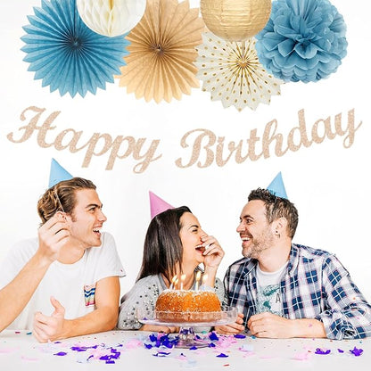 Light-Dusty Blue Beige-Champagne Women Birthday-Decorations - 21pcs Boho Neutral Happy Banner Garland,Paper Streamers Lanterns,Flower Tissue Pom Poms Fan Supplies,Wall Backdrop Party Decor Huglony