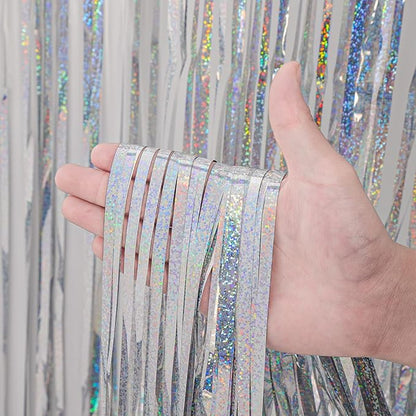 4 Pack Laser Silver Foil Fringe Backdrop Curtains, Tinsel Streamers Birthday Party Decorations, Fringe Backdrop for Graduation, Baby Shower, Gender Reveal, Disco Party