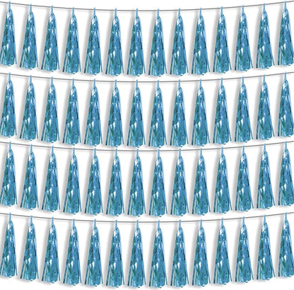 4P Light Blue Foil Fringe Metallic Streamers Banner Tassel Garland for Parade Floats, Bachelorette, Wedding, Birthday, Halloween, Christmas, Bridal/Baby Shower Party Decorations