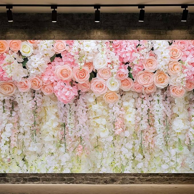 15x10ft Pink Rose Flower Wedding Photography Backdrop Spring Floral Photography Backdrop Valentine's Day Mother's Day Girl Birthday Baby Shower Wedding Bridal Party Banner Photo Booth Props Background