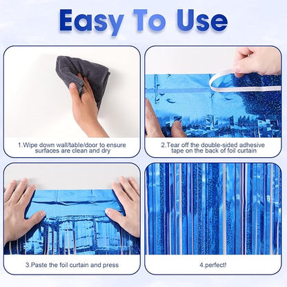 2 Pack Laser Blue Foil Fringe Backdrop Curtains, Tinsel Streamers Birthday Party Decorations, Fringe Backdrop for Graduation, Baby Shower, Gender Reveal, Disco Party
