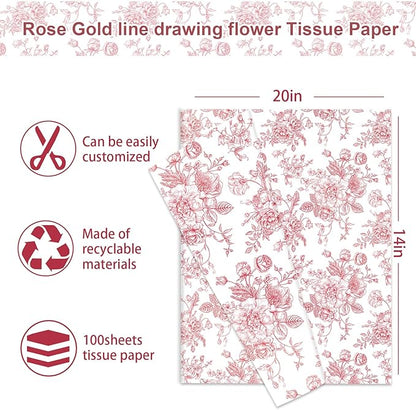 JarThenaAMCS 100 Sheets Floral Tissue Paper Rose Gold Flower Gift Wrapping Paper Vintage Decorative Art Paper for Home Party DIY Crafts Supplies, 14 x 20 Inch