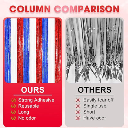 2 Pack Red White and Blue Tinsel Foil Fringe Curtains, 4th of July Decorations, Metallic Tinsel Party Streamers Backdrop for Patriotic, Memorial Day, Independence Day Party Decorations