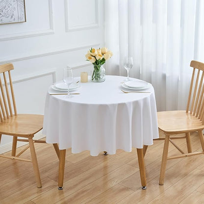 6 Pack White 60 Inch Round Tablecloths. Stain and Winkle Resistant Polyester Washable White Table Cloths for Parties Wedding Dining